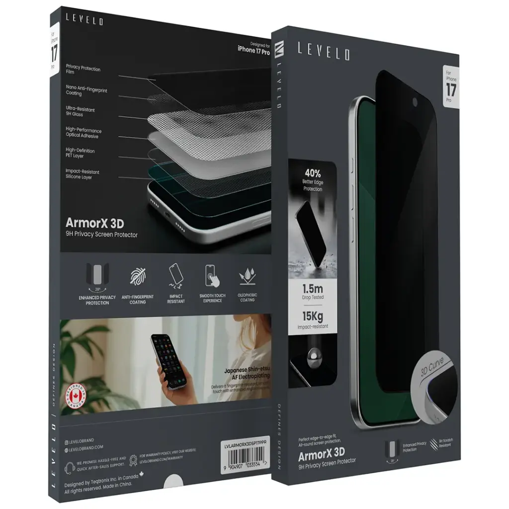 Levelo ArmorX 3D 9H Screen Protector for iPhone 17 Series - Privacy 3 Levelo ArmorX 3D 9H Screen Protector for iPhone 17 Series - Privacy - Image 3