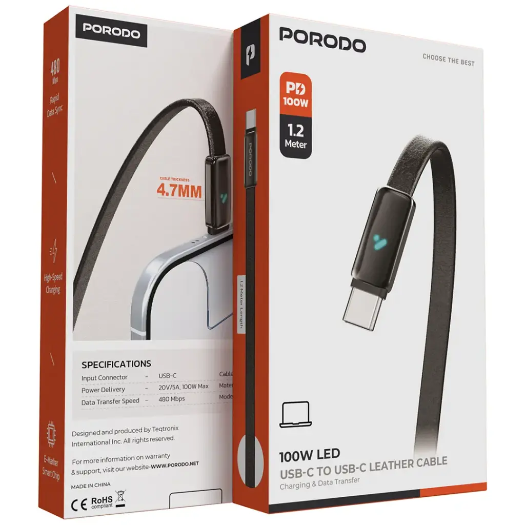 Porodo 100W LED USB-C To USB-C Leather Charging & Data Transfer Cable 4 Porodo 100W LED USB-C To USB-C Leather Charging & Data Transfer Cable - Image 4