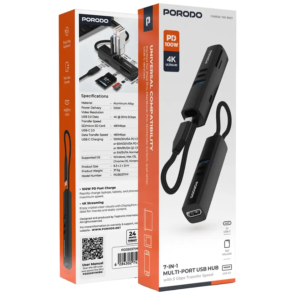 Porodo 7-In-1 Multi-Port USB Hub with 5Gbps Transfer Speed - Image 4
