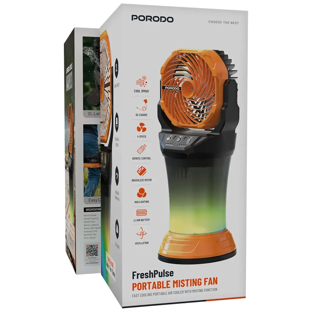 Porodo FreshPulse Portable Misting Fan - Orange & Black 4 Porodo FreshPulse Portable Misting Fan - Orange & Black - Image 4