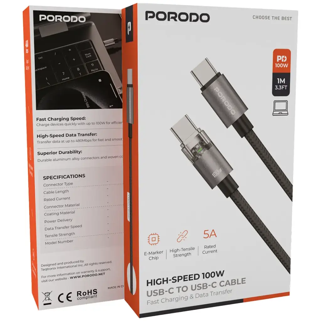 Porodo High-Speed 100W USB-C to USB-C Cable 3 Porodo High-Speed 100W USB-C to USB-C Cable - Image 3