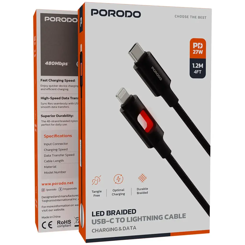 Porodo LED Braided USB-C to Lightning Charging & Data Cable 4 Porodo LED Braided USB-C to Lightning Charging & Data Cable - Image 4