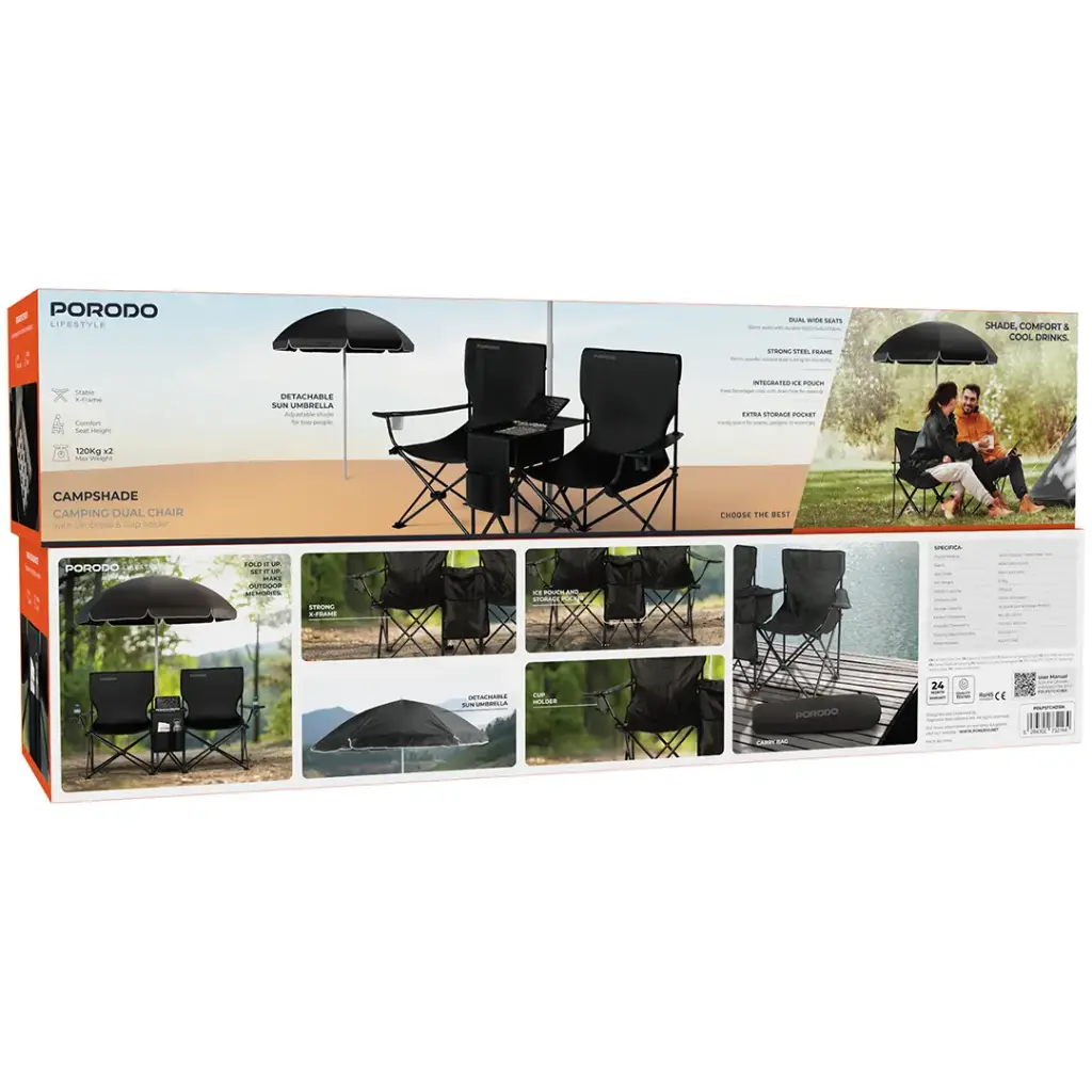 Porodo Lifestyle Campshade Camping Dual Chair with Umbrella & Cup Holder 5 Porodo Lifestyle Campshade Camping Dual Chair with Umbrella & Cup Holder - Image 5