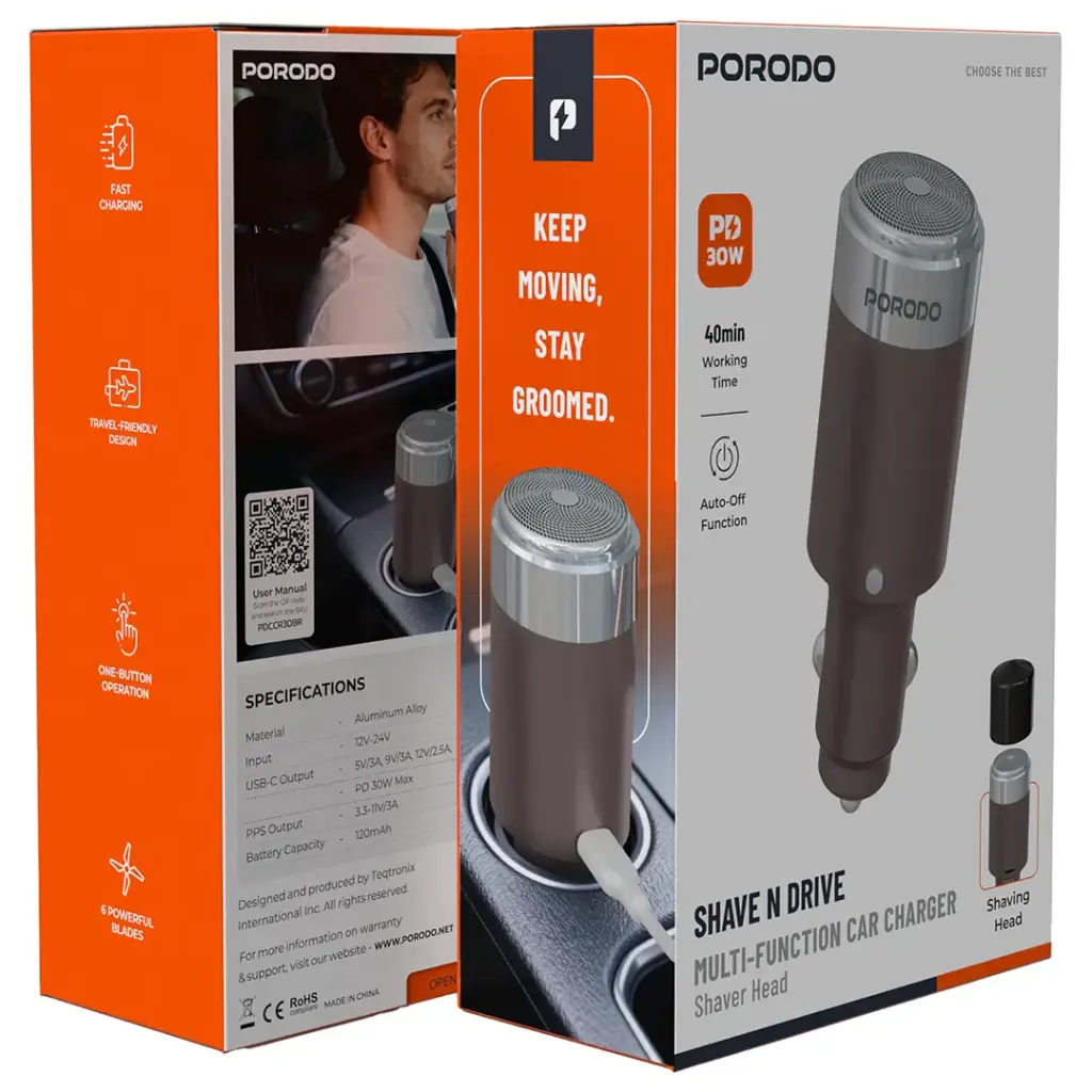 Porodo Shave N Drive Multi-Function Car Charger with Shaver Head 4 Porodo Shave N Drive Multi-Function Car Charger with Shaver Head - Image 4