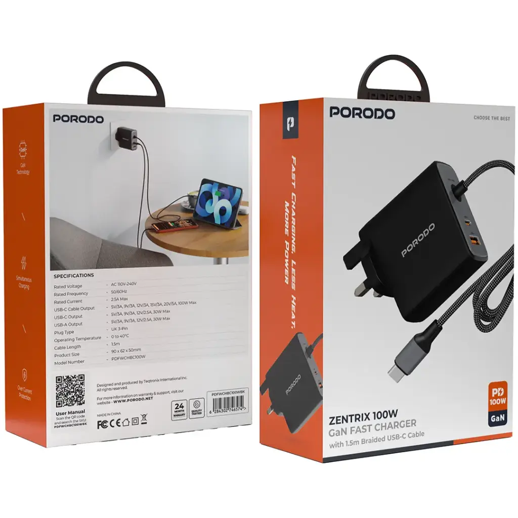 Porodo Zentrix 100W GaN Fast Charger with 1.5m Braided USB-C Cable 4 Porodo Zentrix 100W GaN Fast Charger with 1.5m Braided USB-C Cable - Image 4