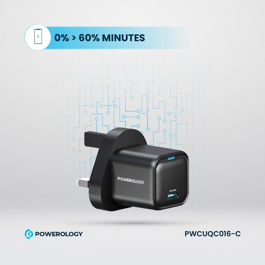 Powerology 20W Single C Port PD Charger UK with Type C to C 60W cable 6 Powerology 20W Single C Port PD Charger UK with Type C to C 60W cable - Image 6