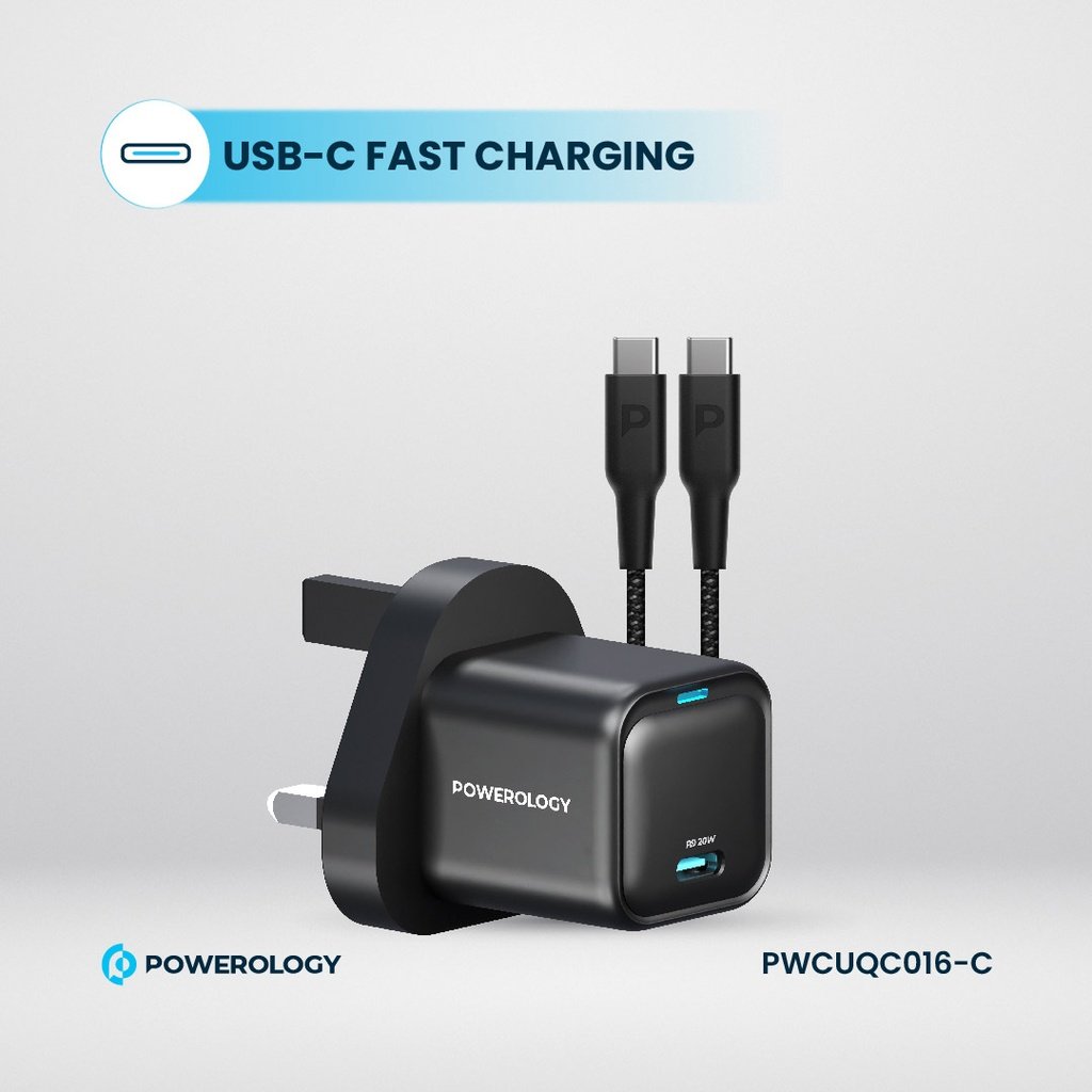 Powerology 20W Single C Port PD Charger UK with Type C to C 60W cable 5 Powerology 20W Single C Port PD Charger UK with Type C to C 60W cable - Image 5