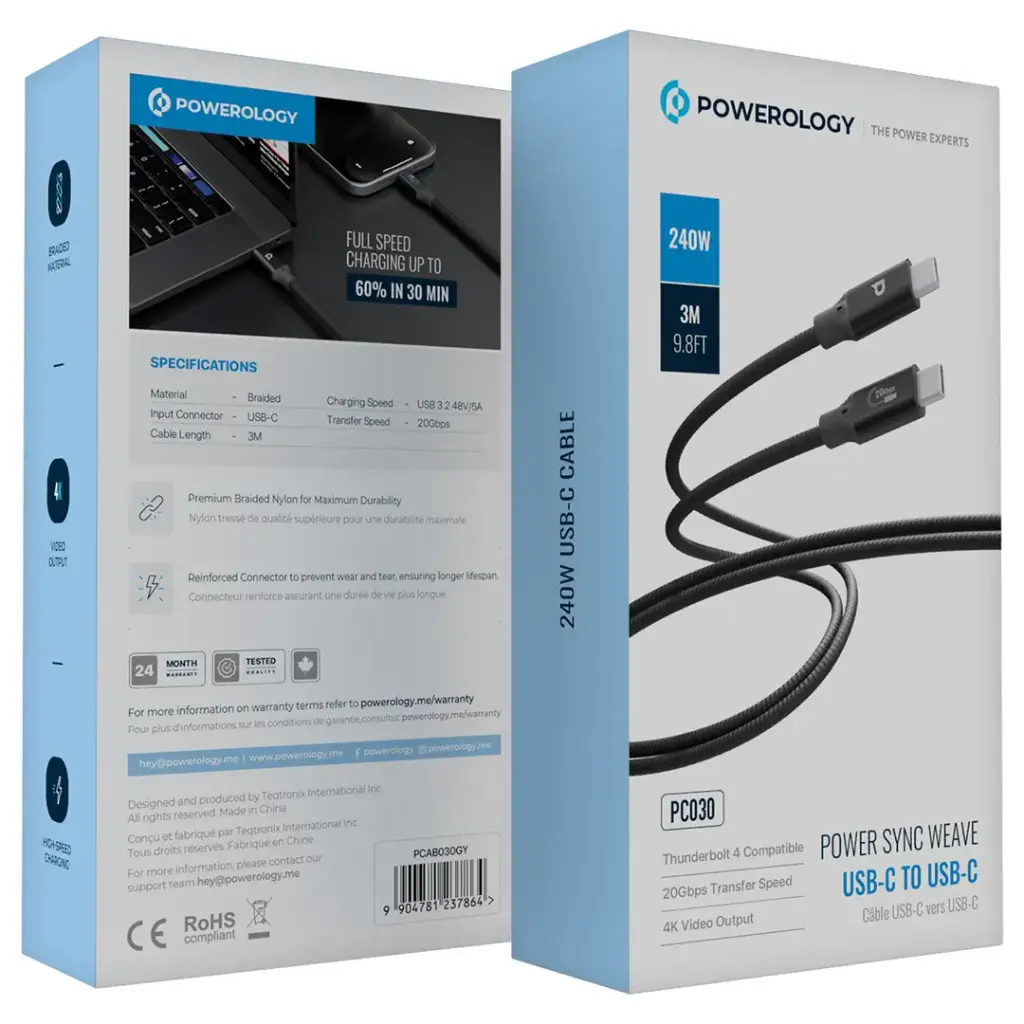 Powerology Power Sync Weave 240W USB-C to USB-C 3m Cable 3 Powerology Power Sync Weave 240W USB-C to USB-C 3m Cable - Image 3