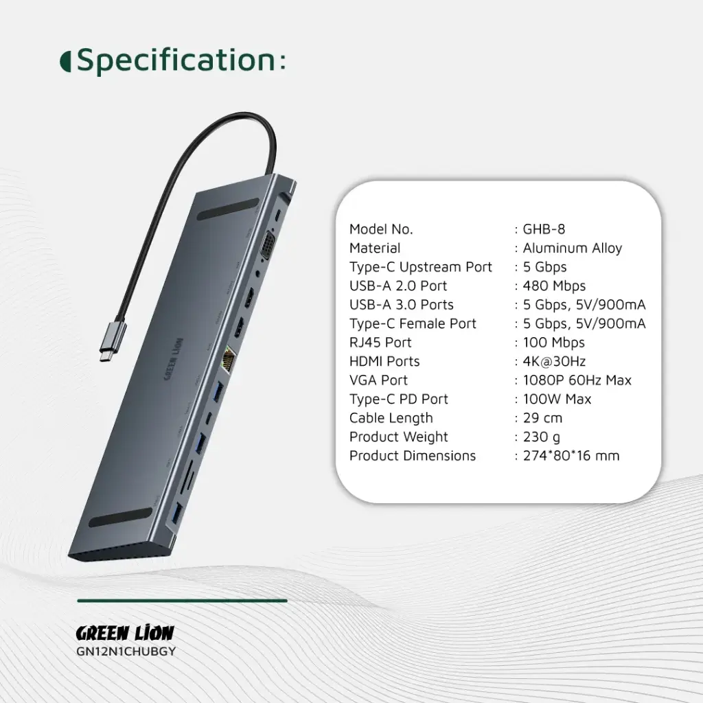 Green Lion 12-in-1 4K HDMI Ethernet USB-C Hub 3 Green Lion 12-in-1 4K HDMI Ethernet USB-C Hub - Image 3
