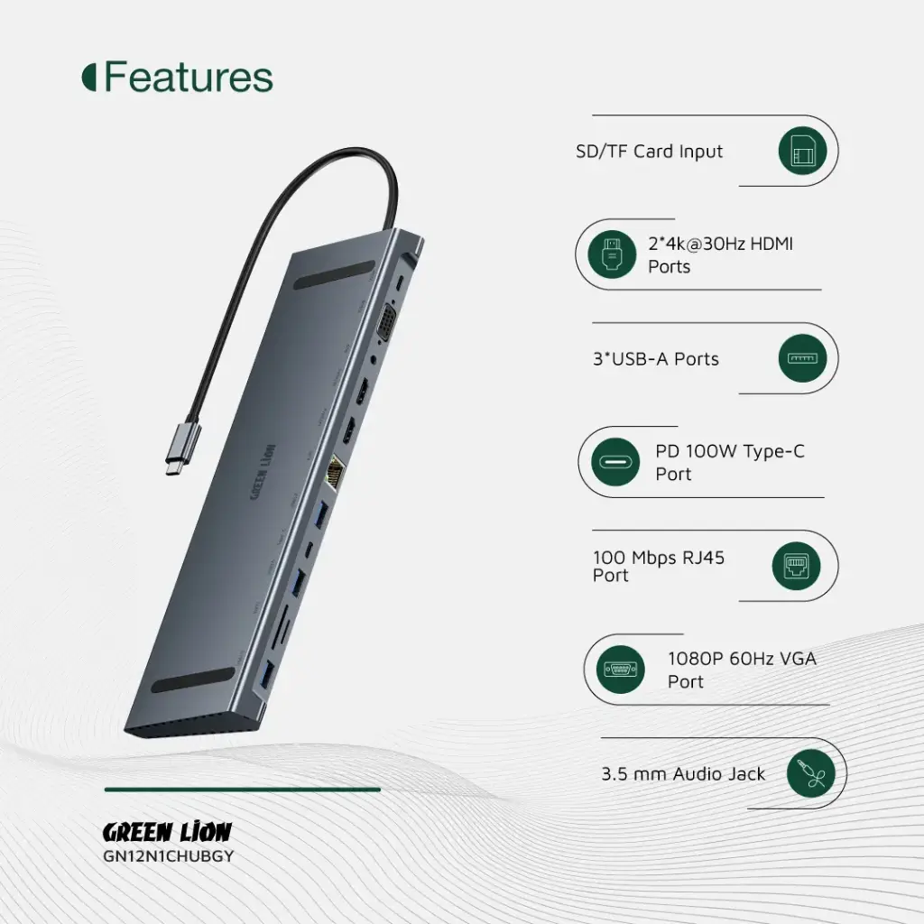 Green Lion 12-in-1 4K HDMI Ethernet USB-C Hub 4 Green Lion 12-in-1 4K HDMI Ethernet USB-C Hub - Image 4