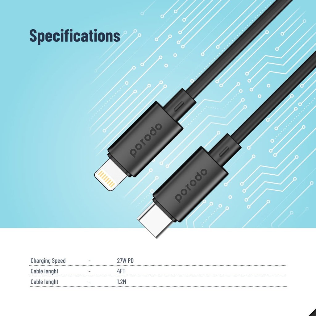 Porodo Blue 20W PD Type C to Lightning PVC Cable 1.2M - Image 3