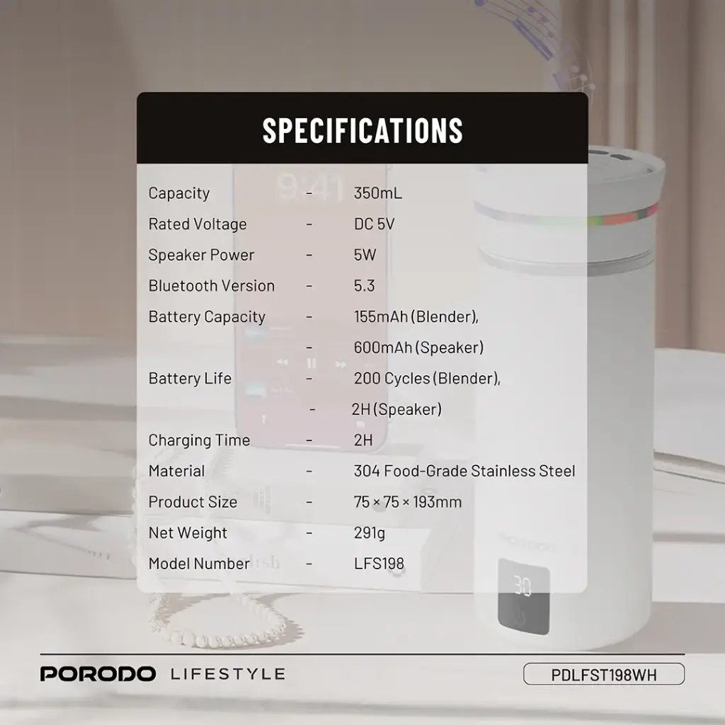 Porodo Lifestyle Fluxmix 350mL Stirring Cup with Speaker 3 Porodo Lifestyle Fluxmix 350mL Stirring Cup with Speaker - Image 3