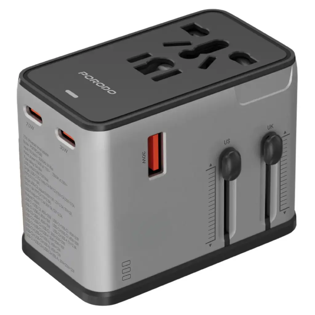 Porodo Mega Volt Universal Travel Adapter - Silver Black 2 Porodo Mega Volt Universal Travel Adapter - Silver Black - Image 2