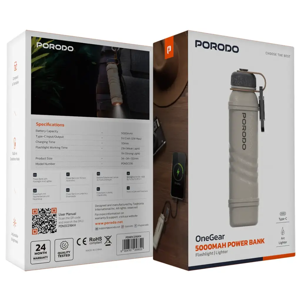 Porodo OneGear with 5000mAh Power Bank with Flashlight & Lighter - Khaki 4 Porodo OneGear with 5000mAh Power Bank with Flashlight & Lighter - Khaki - Image 4