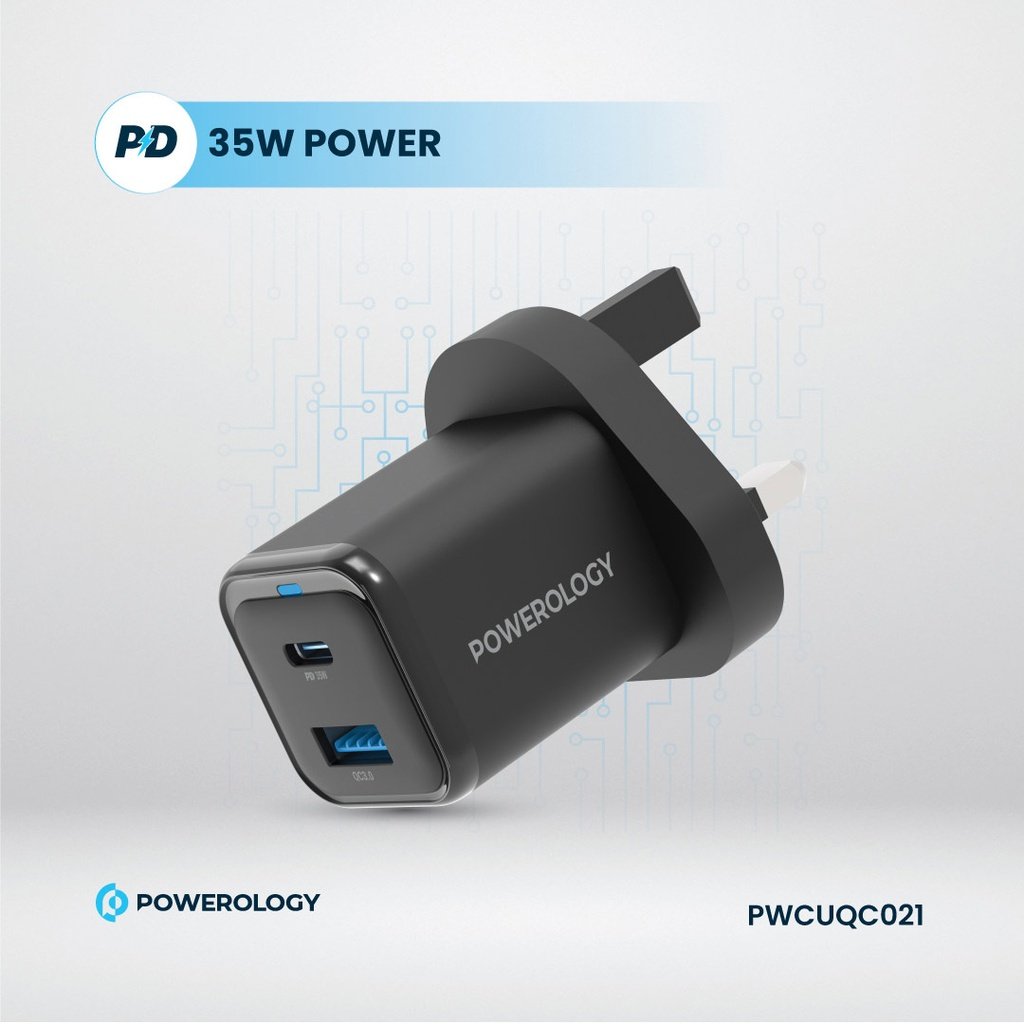 Powerology 35W PD QC 1xUSB-C 35W and 1xUSB-A 18W GaN Charger UK with USB-C Cable 6 Powerology 35W PD QC 1xUSB-C 35W and 1xUSB-A 18W GaN Charger UK with USB-C Cable - Image 6
