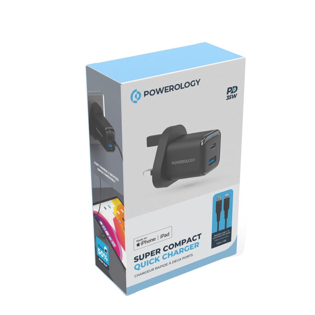 Powerology 35W PD QC 1xUSB-C 35W and 1xUSB-A 18W GaN Charger UK with USB-C Cable 4 Powerology 35W PD QC 1xUSB-C 35W and 1xUSB-A 18W GaN Charger UK with USB-C Cable - Image 4