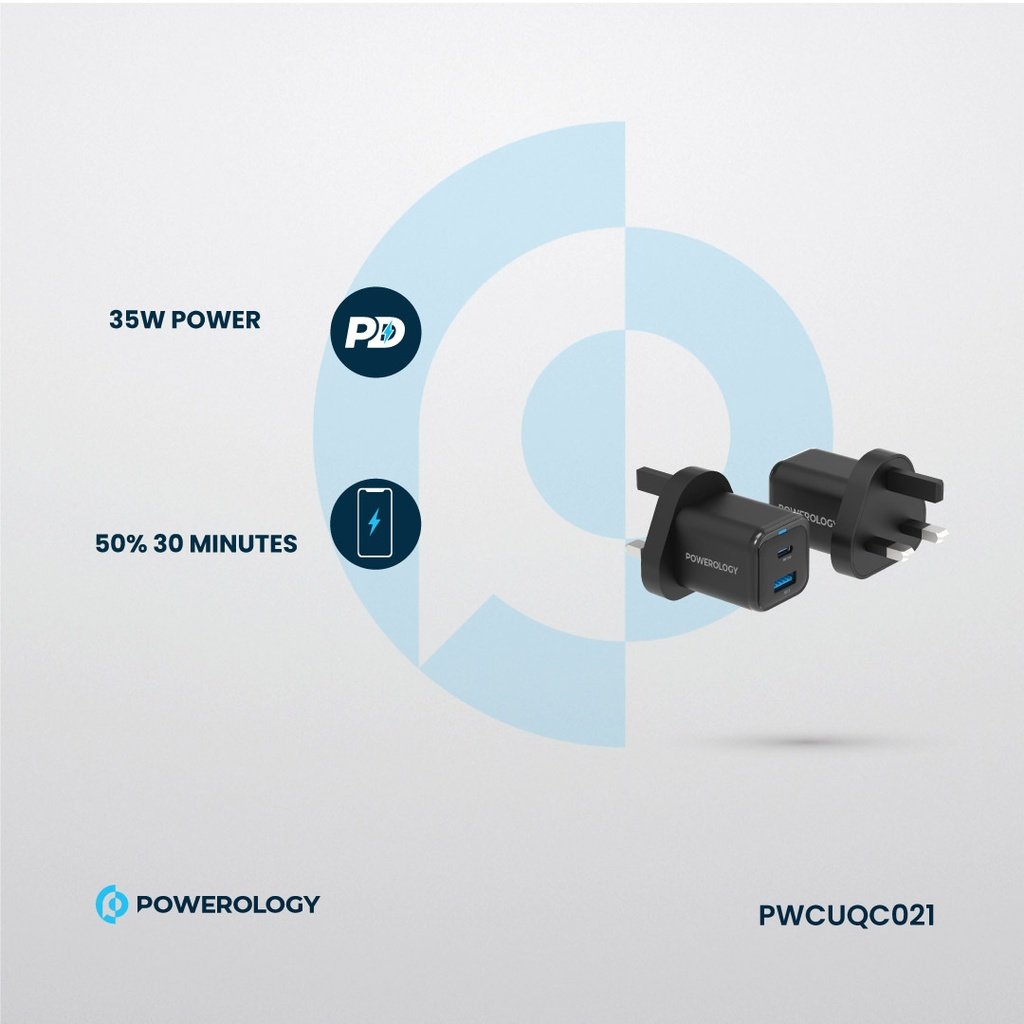 Powerology 35W PD QC 1xUSB-C 35W and 1xUSB-A 18W GaN Charger UK with USB-C Cable 5 Powerology 35W PD QC 1xUSB-C 35W and 1xUSB-A 18W GaN Charger UK with USB-C Cable - Image 5