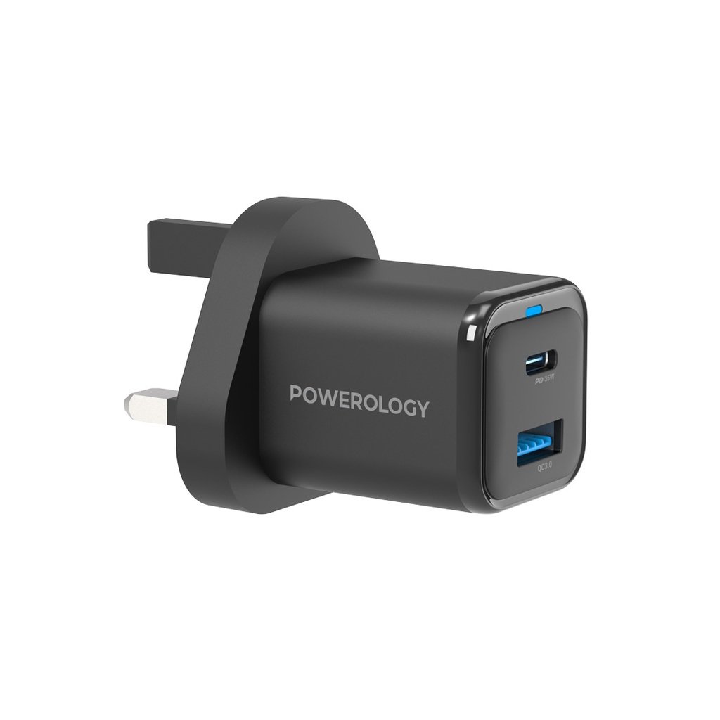 Powerology 35W PD QC 1xUSB-C 35W and 1xUSB-A 18W GaN Charger UK with USB-C Cable 2 Powerology 35W PD QC 1xUSB-C 35W and 1xUSB-A 18W GaN Charger UK with USB-C Cable - Image 2
