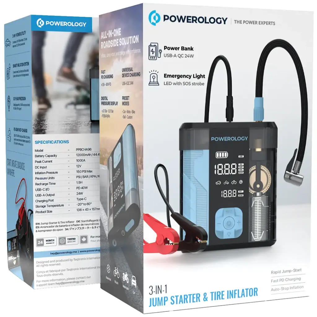 Powerology 3-In-1 Jump Starter & Tire Inflator - Black/Blue 7 Powerology 3-In-1 Jump Starter & Tire Inflator - Black/Blue - Image 7