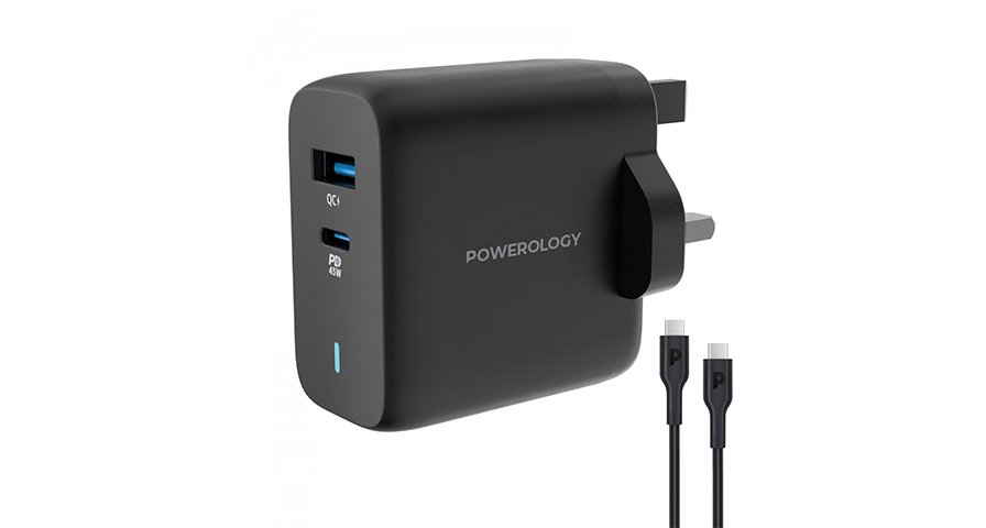 Powerology 63W Ultra-Quick GaN Charger 45W PD & USB-A Quick Charge 18WQC3.0 With 60W Type-C To Type-C Cable 1 Powerology 63W Ultra-Quick GaN Charger 45W PD & USB-A Quick Charge 18WQC3.0 With 60W Type-C To Type-C Cable