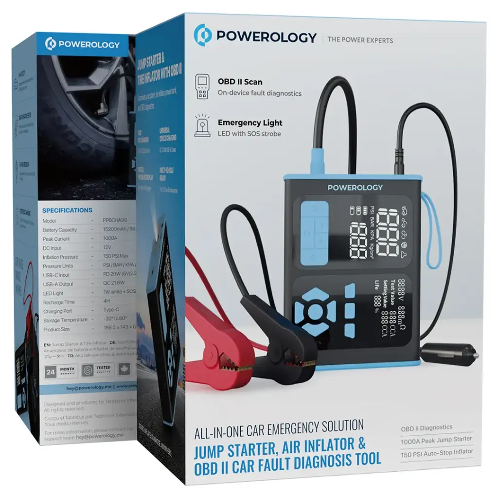 Powerology Jump Starter, Air Inflator & OBD II Car Fault Diagnosis Tool - Black/Blue 6 Powerology Jump Starter, Air Inflator & OBD II Car Fault Diagnosis Tool - Black/Blue - Image 6