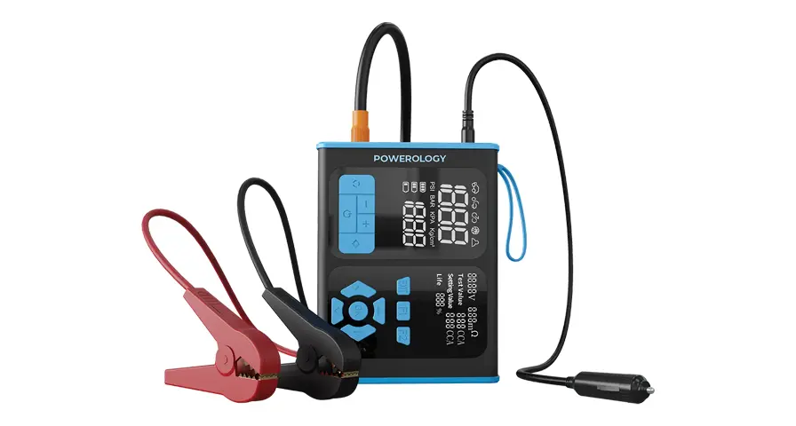 Powerology Jump Starter, Air Inflator & OBD II Car Fault Diagnosis Tool - Black/Blue 1 Powerology Jump Starter, Air Inflator & OBD II Car Fault Diagnosis Tool - Black/Blue