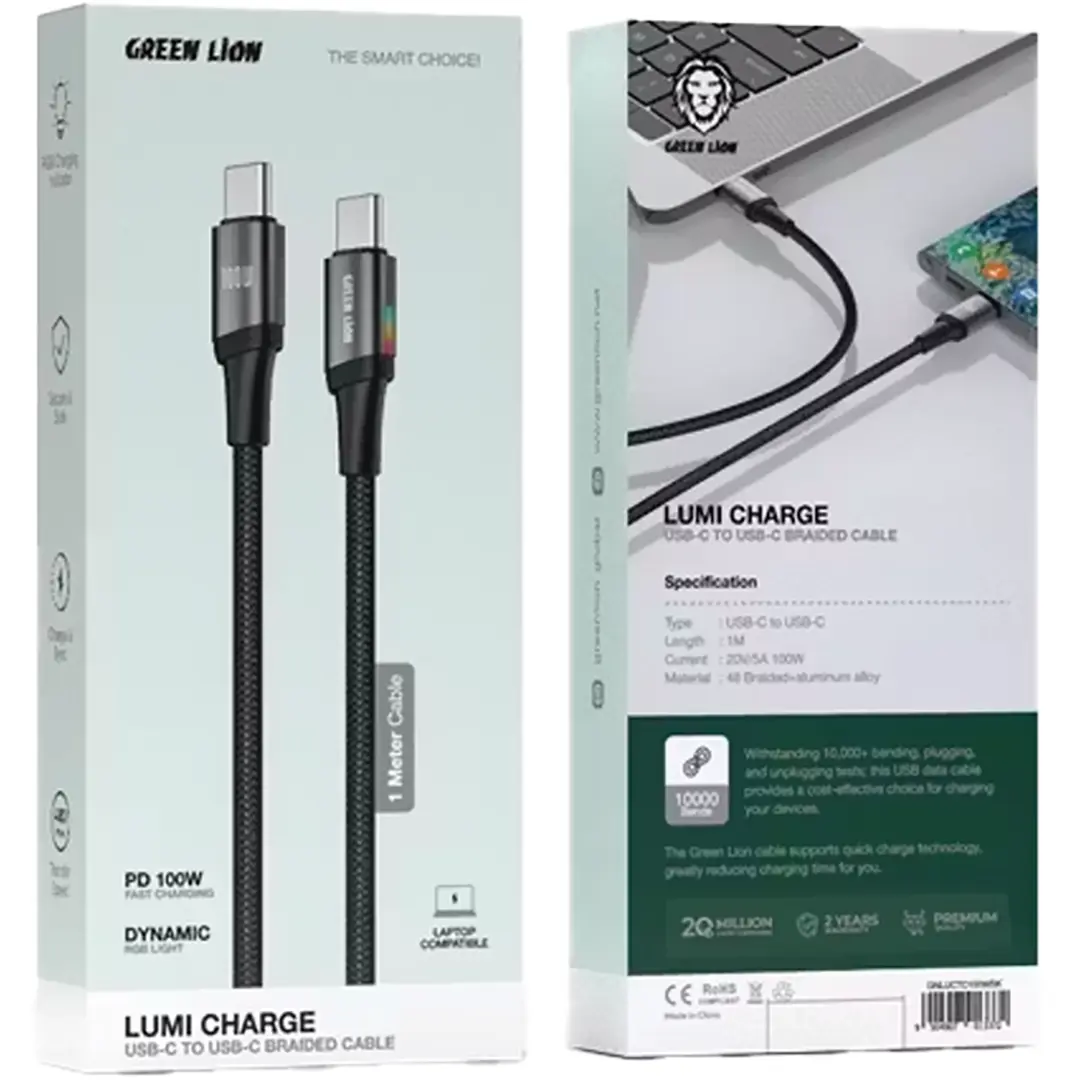 Green Lion Lumi Charge USB-C to USB-C 1m Braided Cable PD 100W 3 Green Lion Lumi Charge USB-C to USB-C 1m Braided Cable PD 100W - Image 3