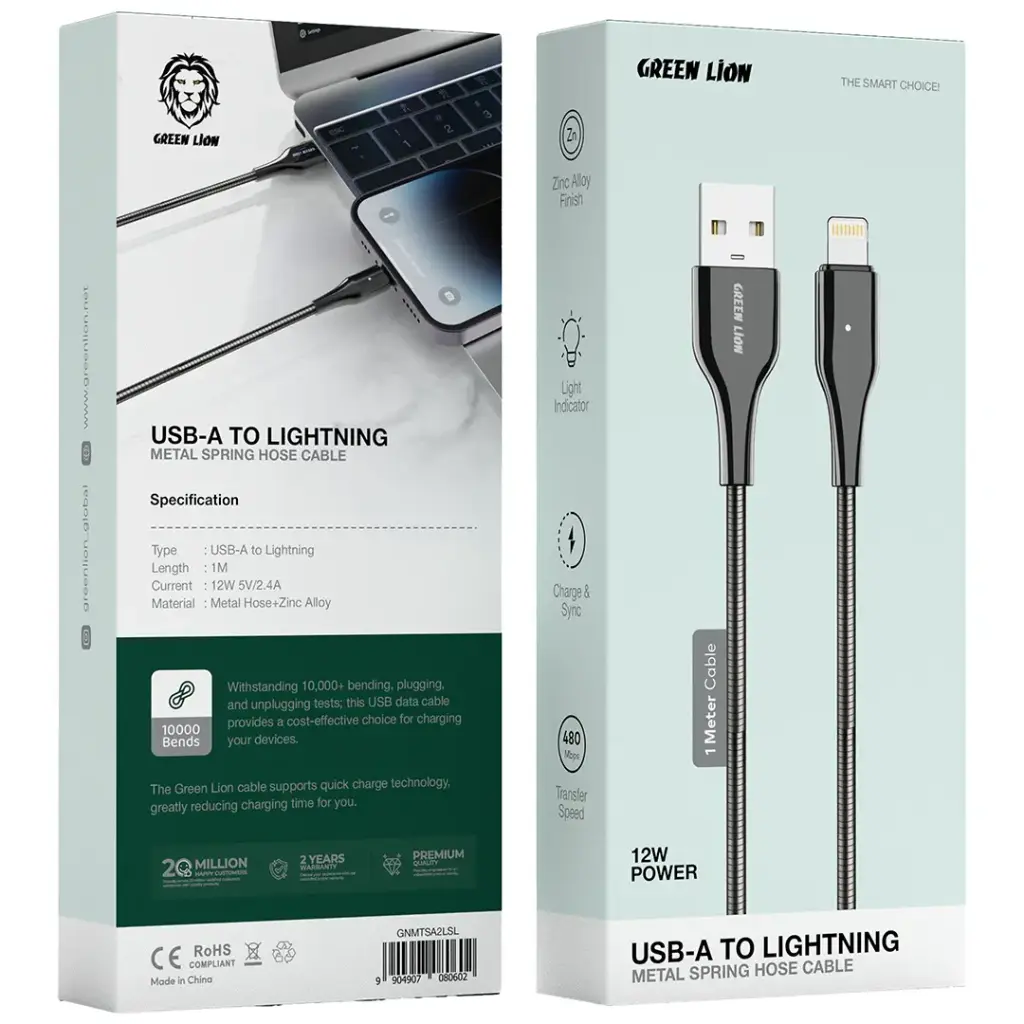 Green Lion USB-A To Lightning Metal Spring Hose Cable 3 Green Lion USB-A To Lightning Metal Spring Hose Cable - Image 3