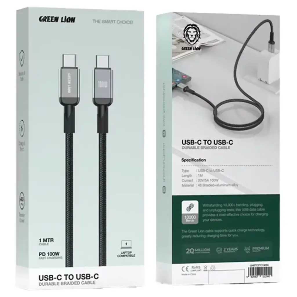 Green Lion USB-C to USB-C Durable 1m Braided Cable PD 100W 3 Green Lion USB-C to USB-C Durable 1m Braided Cable PD 100W - Image 3