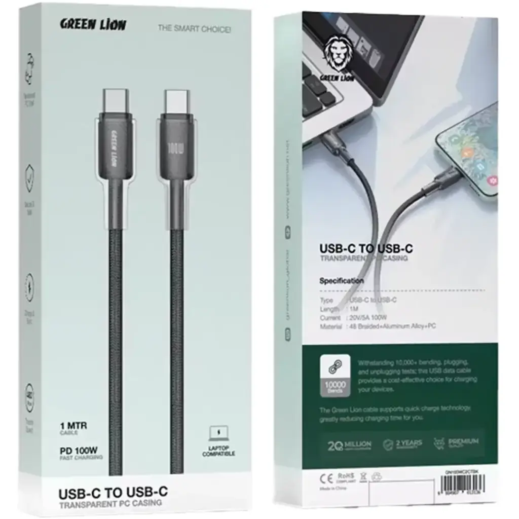 Green Lion USB-C to USB-C Transparent PC Casing 1m Braided Cable PD 100W 3 Green Lion USB-C to USB-C Transparent PC Casing 1m Braided Cable PD 100W - Image 3