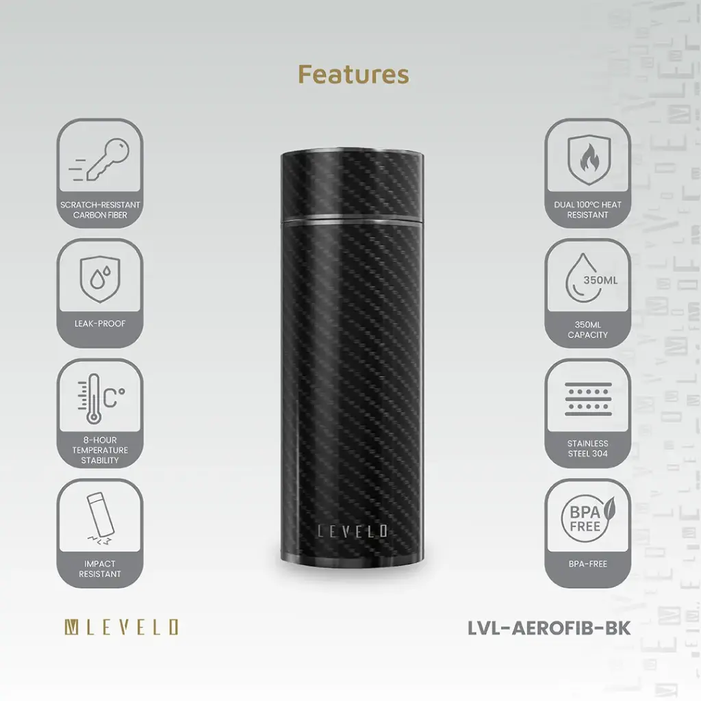 Levelo AeroFiber 350ML Carbon Fiber Bottle - Black 3 Levelo AeroFiber 350ML Carbon Fiber Bottle - Black - Image 3