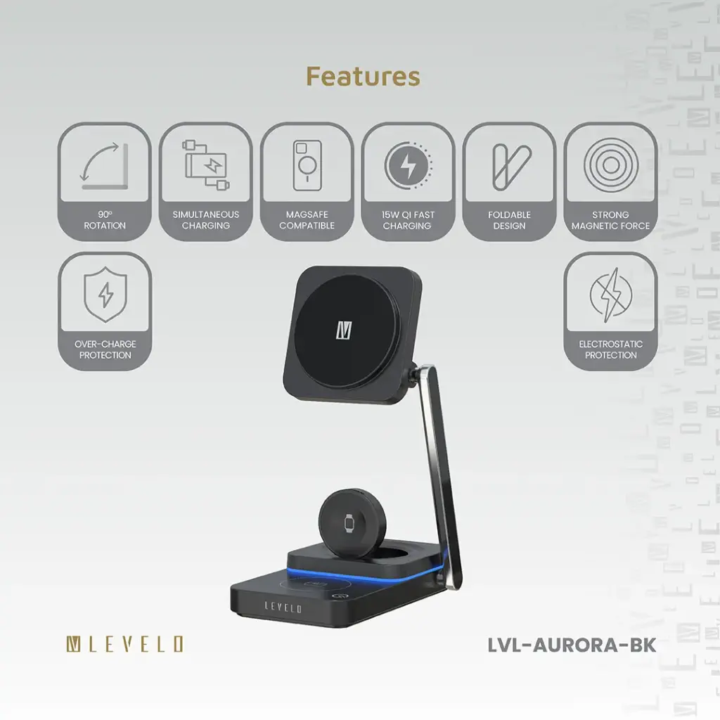 Levelo Aurora 3 In 1 Wireless Charger - Black 4 Levelo Aurora 3 In 1 Wireless Charger - Black - Image 4