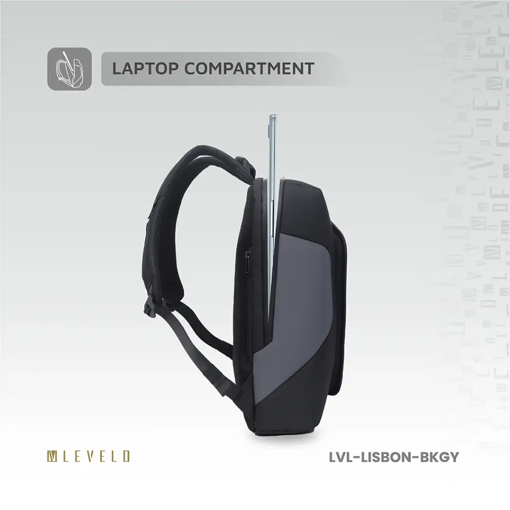 Levelo Lisbon Carrying Laptop/Universal 15.6” Backpack - Black/Grey 5 Levelo Lisbon Carrying Laptop/Universal 15.6” Backpack - Black/Grey - Image 5