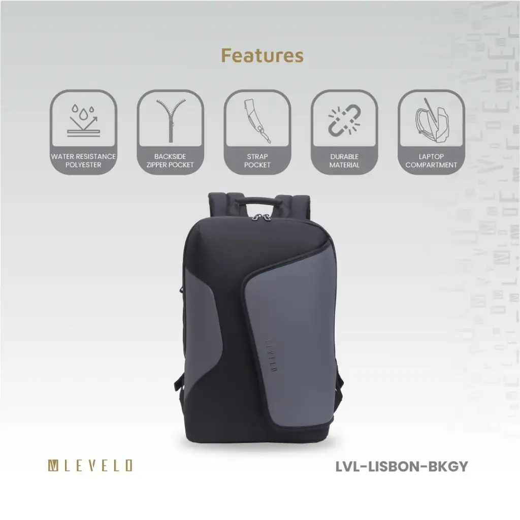 Levelo Lisbon Carrying Laptop/Universal 15.6” Backpack - Black/Grey 4 Levelo Lisbon Carrying Laptop/Universal 15.6” Backpack - Black/Grey - Image 4