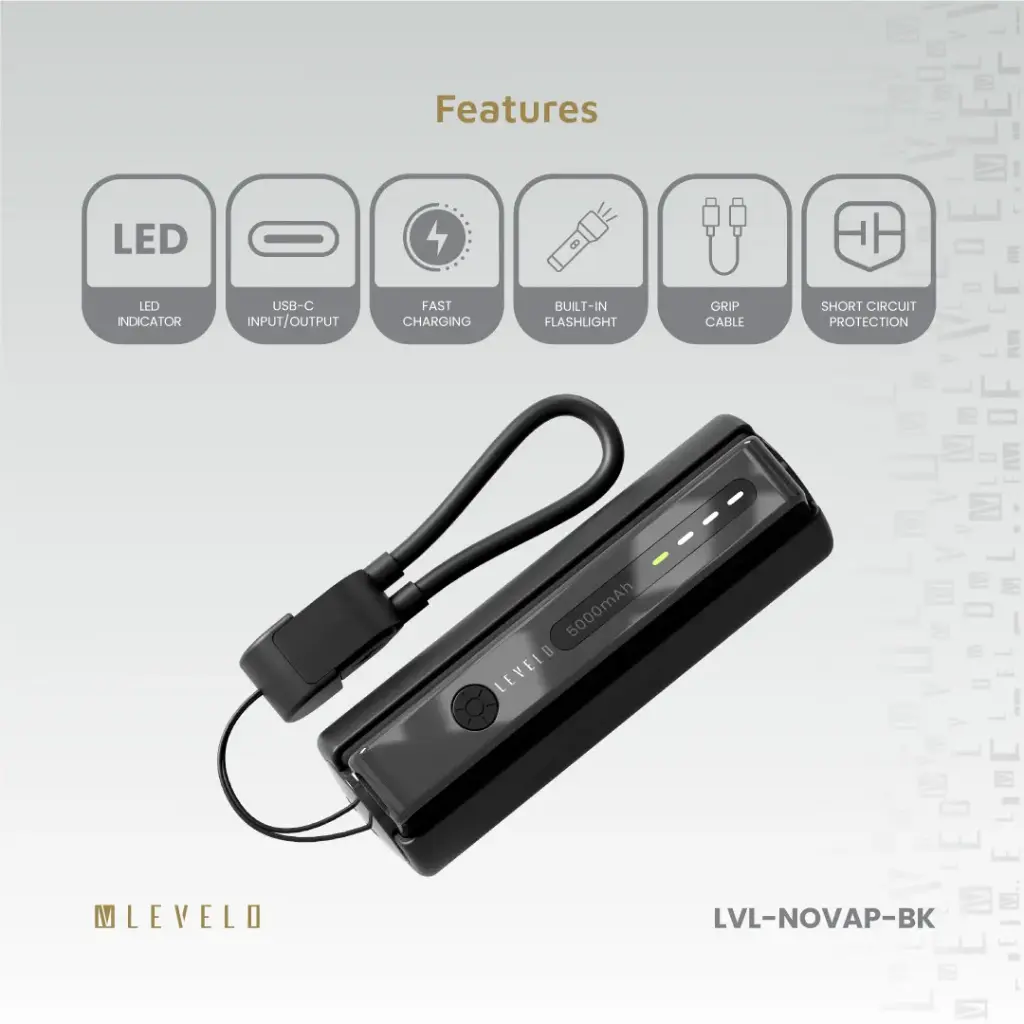 Levelo Nova Pro 5000mAh Power Bank with Flashlight - Black 3 Levelo Nova Pro 5000mAh Power Bank with Flashlight - Black - Image 3