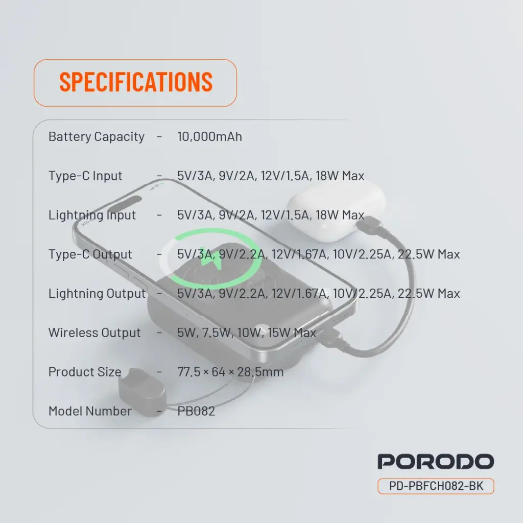 Porodo 10000mAh MagSafe Power Bank - Black 6 Porodo 10000mAh MagSafe Power Bank - Black - Image 6