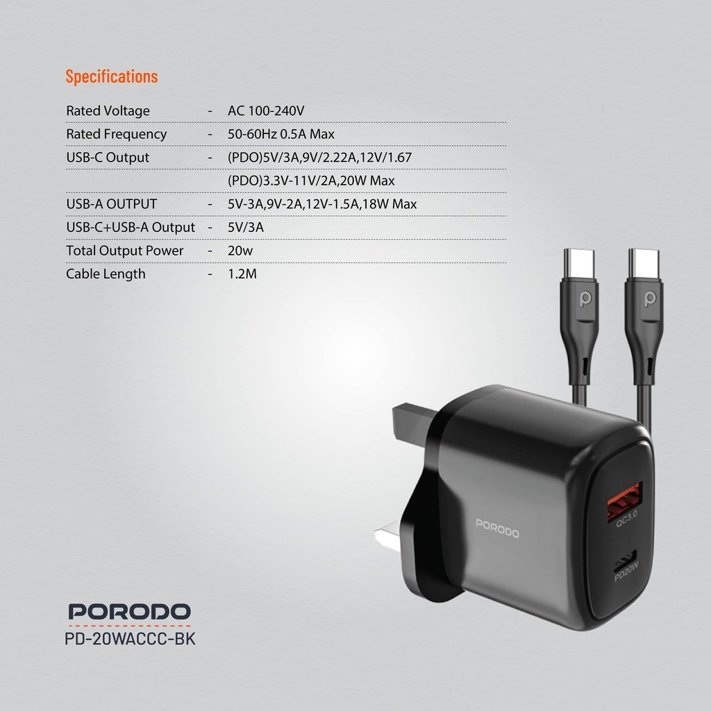 Porodo 20W+QC USB A+C Charger UK with C-C 1.2M Cable 3 Porodo 20W+QC USB A+C Charger UK with C-C 1.2M Cable - Image 3