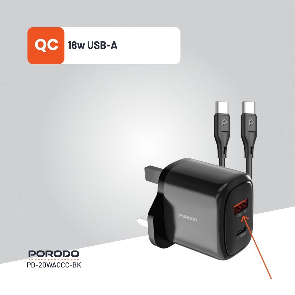Porodo 20W+QC USB A+C Charger UK with C-C 1.2M Cable 6 Porodo 20W+QC USB A+C Charger UK with C-C 1.2M Cable - Image 6