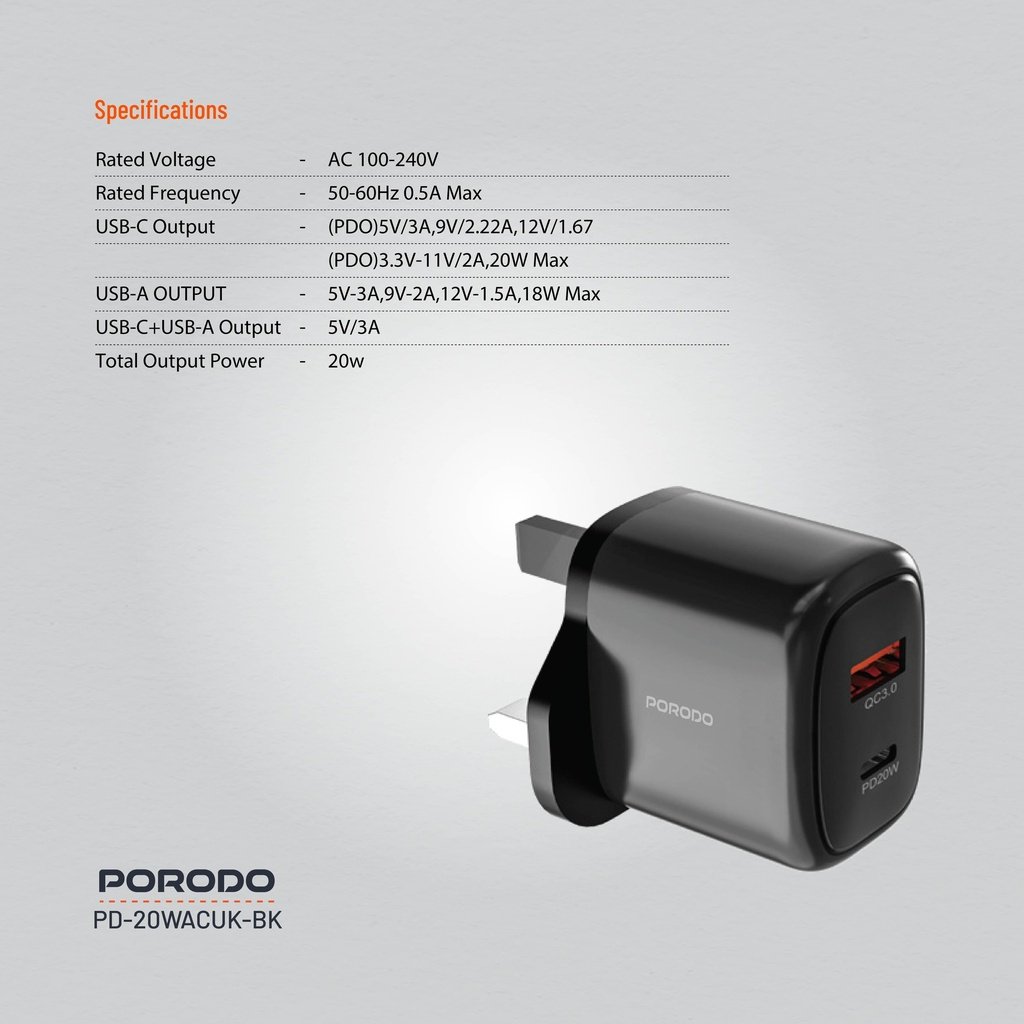 Porodo 20W+QC USB A+C Charger UK 3 Porodo 20W+QC USB A+C Charger UK - Image 3