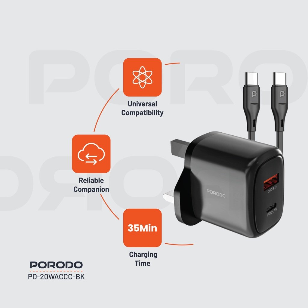 Porodo 20W+QC USB A+C Charger UK with C-C 1.2M Cable 7 Porodo 20W+QC USB A+C Charger UK with C-C 1.2M Cable - Image 7