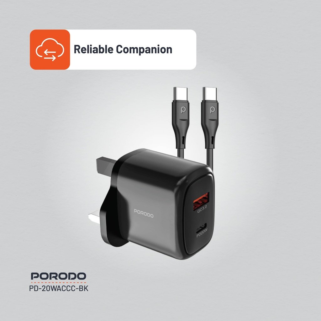 Porodo 20W+QC USB A+C Charger UK with C-C 1.2M Cable 4 Porodo 20W+QC USB A+C Charger UK with C-C 1.2M Cable - Image 4