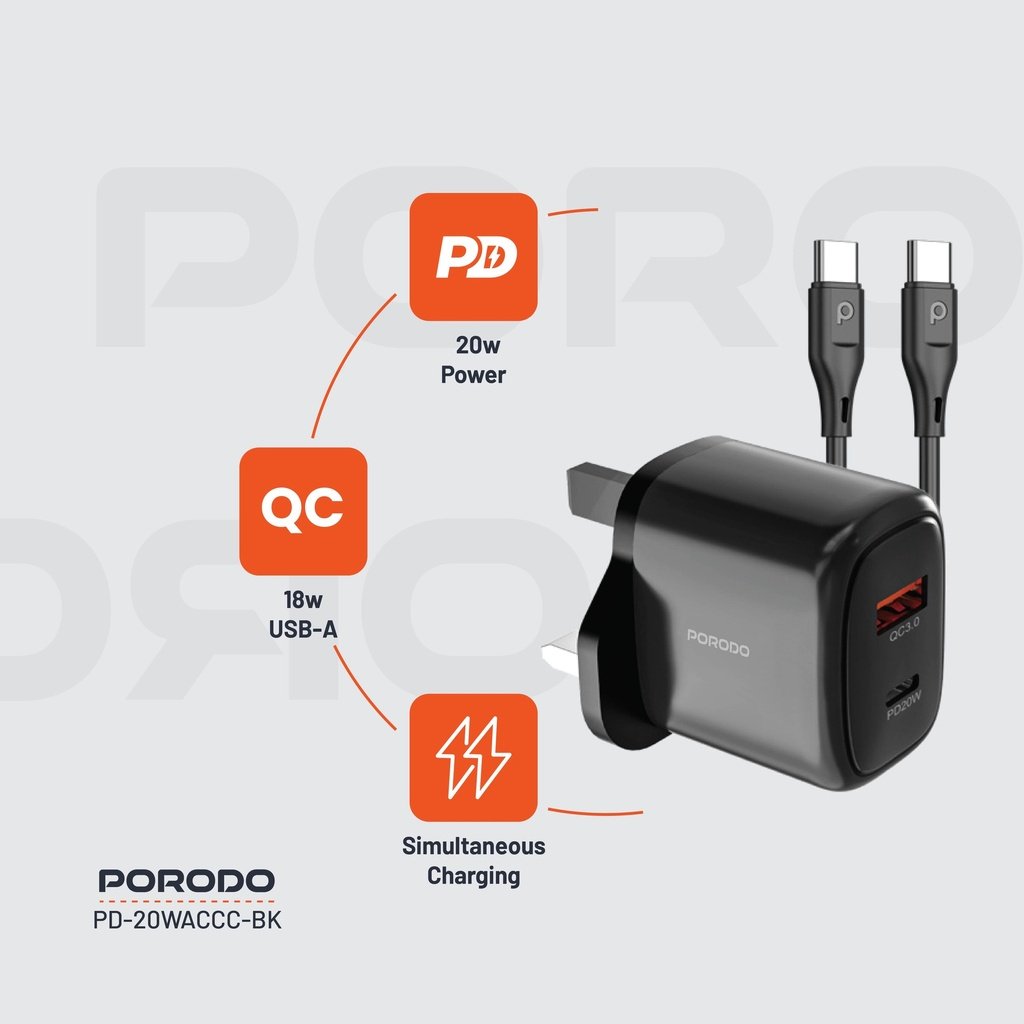 Porodo 20W+QC USB A+C Charger UK with C-C 1.2M Cable 5 Porodo 20W+QC USB A+C Charger UK with C-C 1.2M Cable - Image 5