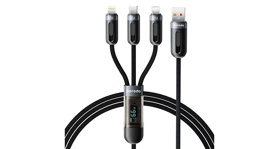Porodo 3-IN-1 Digital-Display Fast Charging 1.2M Cable A to C+L+M 1 Porodo 3-IN-1 Digital-Display Fast Charging 1.2M Cable A to C+L+M