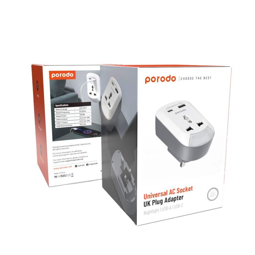 Porodo 3in1 Multi-type Socket with AC USB-A Type C UK - White - Image 4