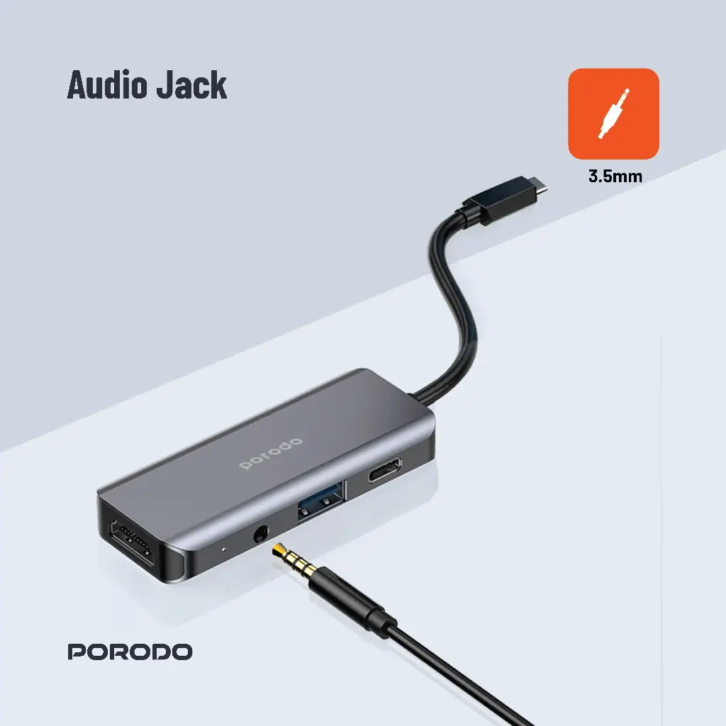 Porodo 4in1 USB-C Hub Type-C PD 100W HDMI USB 3.5mm Aux - Image 6