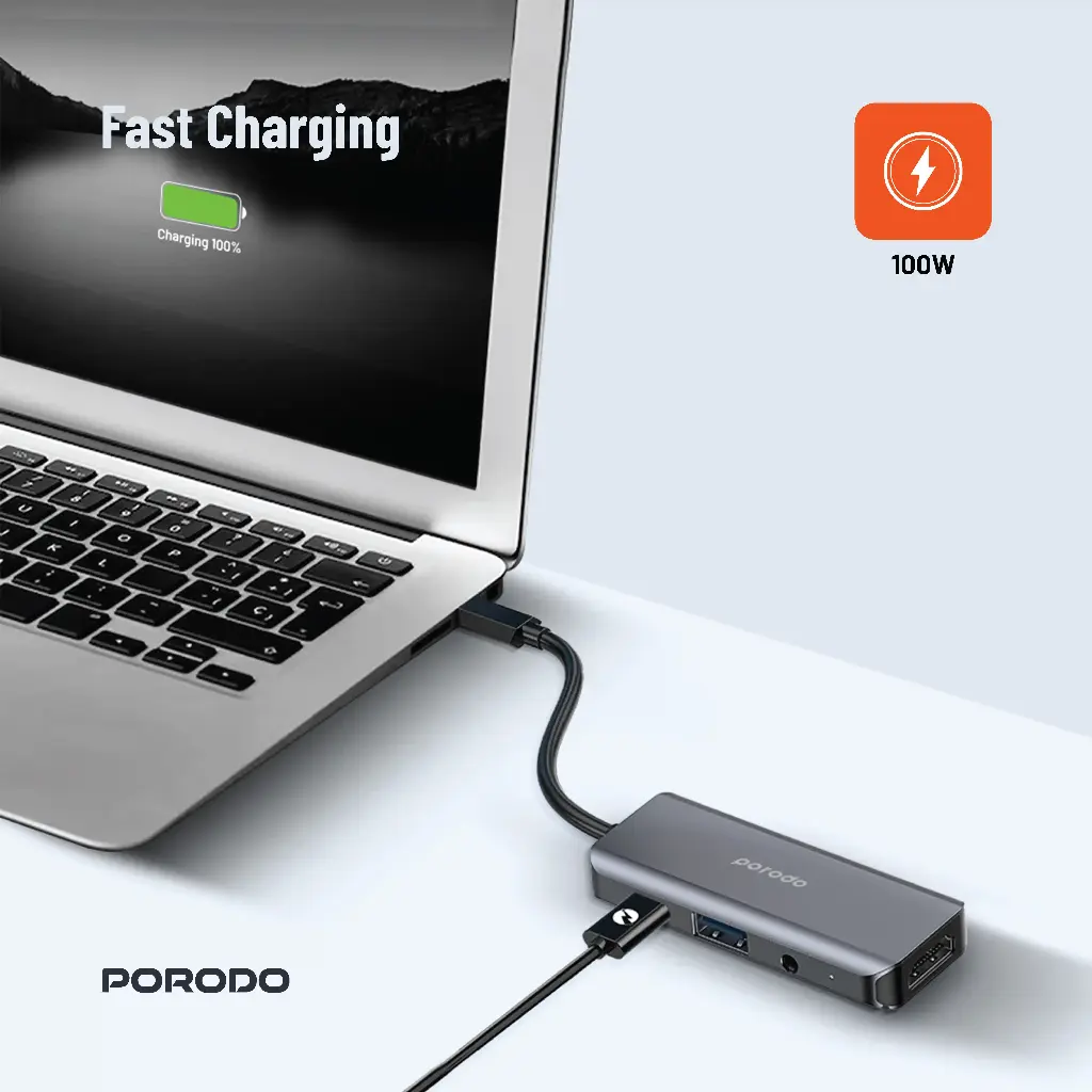 Porodo 4in1 USB-C Hub Type-C PD 100W HDMI USB 3.5mm Aux - Image 7