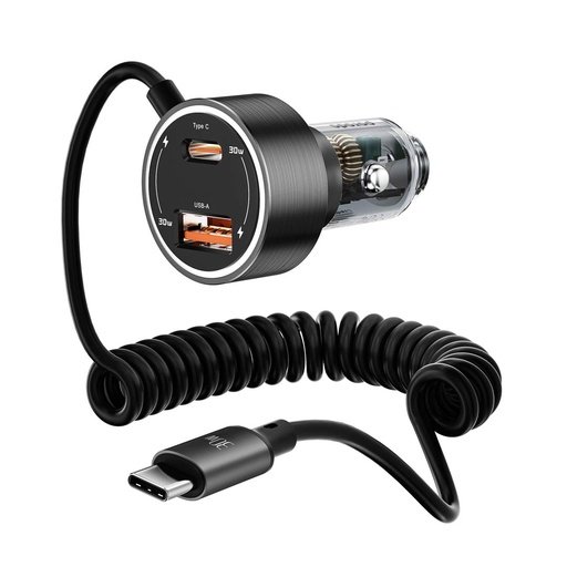Porodo 60W Transparent Dual Port Car Charger PD 30W QC 18W with Coil- Black 2 Porodo 60W Transparent Dual Port Car Charger PD 30W QC 18W with Coil- Black - Image 2