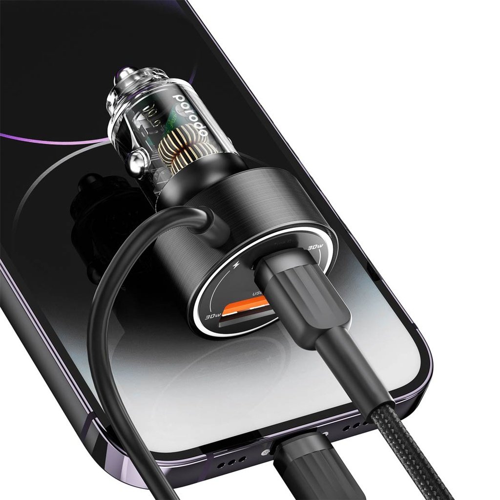 Porodo 60W Transparent Dual Port Car Charger PD 30W QC 18W with Coil- Black 4 Porodo 60W Transparent Dual Port Car Charger PD 30W QC 18W with Coil- Black - Image 4