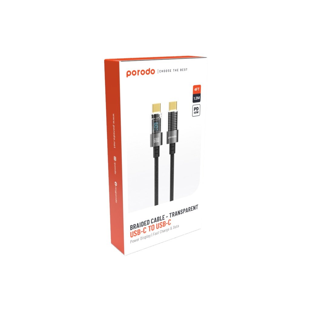 Porodo 60W Type-C to Type-C Braided Cable with PD Display 1.2M 4 Porodo 60W Type-C to Type-C Braided Cable with PD Display 1.2M - Image 4