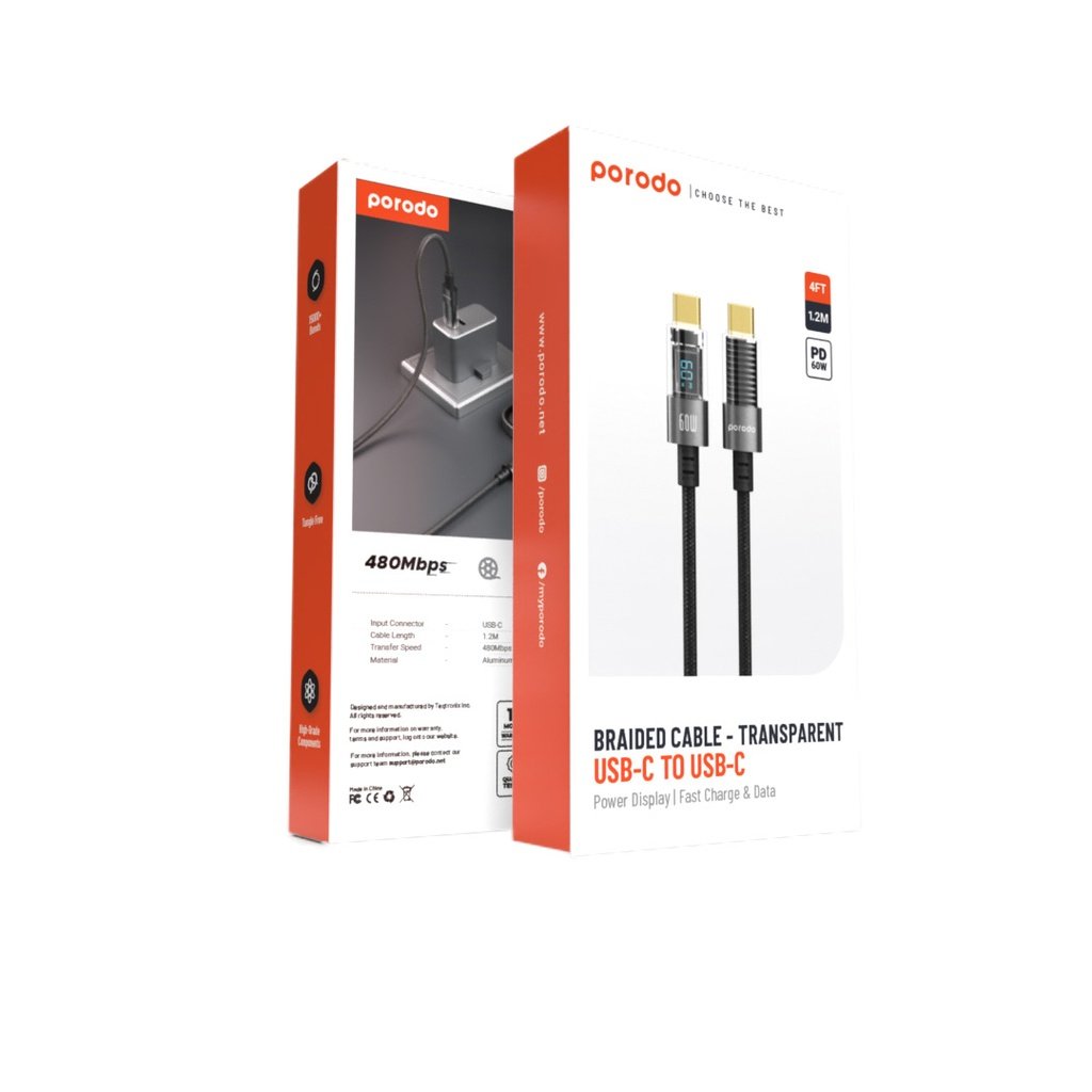 Porodo 60W Type-C to Type-C Braided Cable with PD Display 1.2M 3 Porodo 60W Type-C to Type-C Braided Cable with PD Display 1.2M - Image 3
